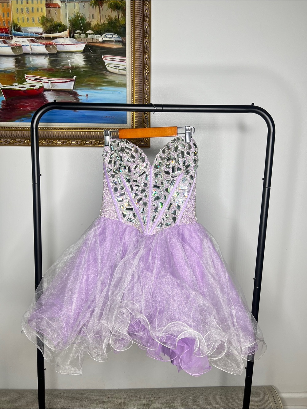 Sherri Hill Lilac Strapless Beaded Tulle Dress ps: all of the beating is intact.